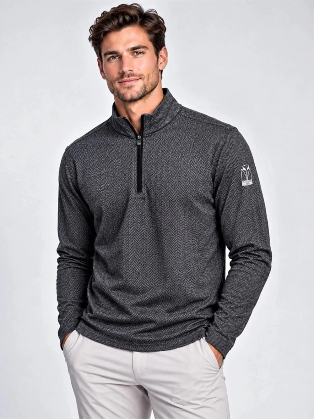 Greyson Tate Herringbone 1/4 Zip XL Blackwolf Run Golf Pullover Charcoal Stretch